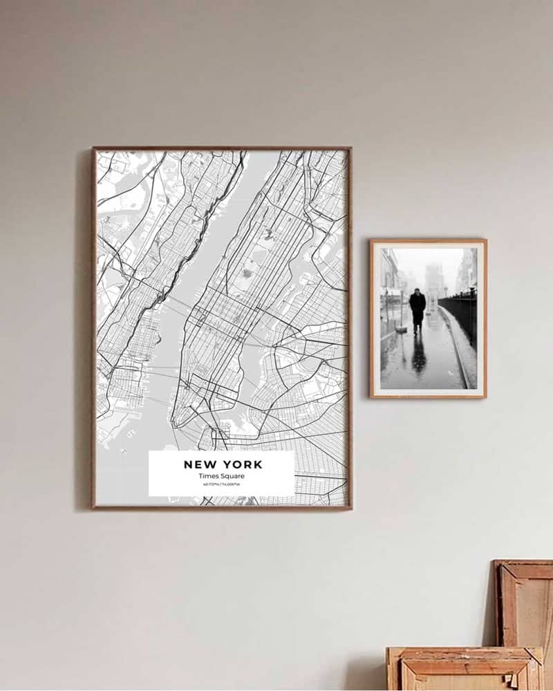Framed New York map art and James Dean