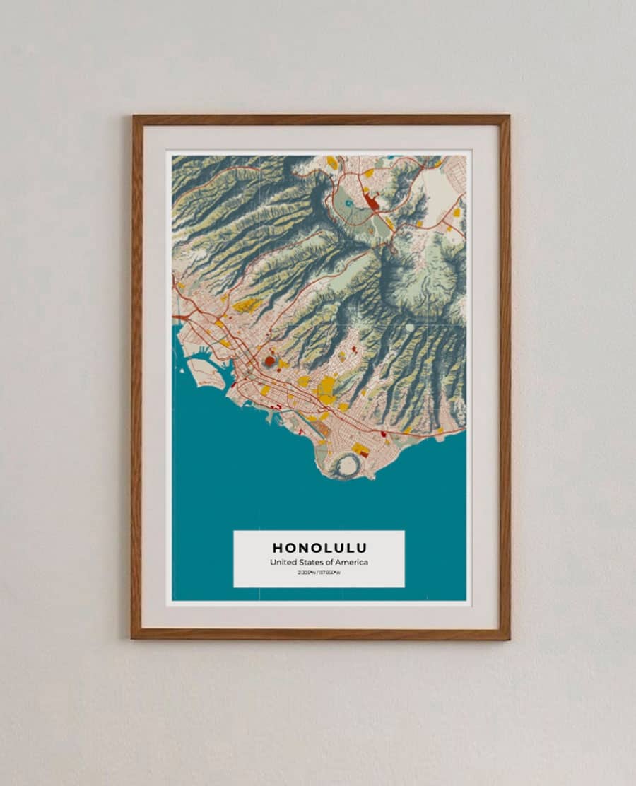 Framed Honolulu map art